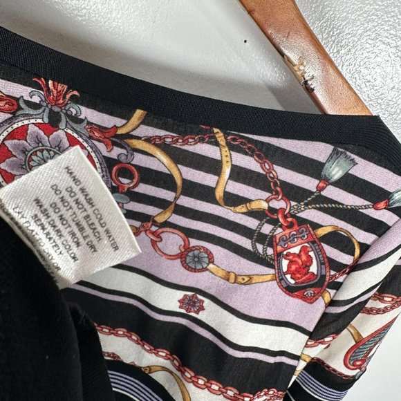 Feratelli Womens Medium Blouse Belted Art Stretch Black 3/4 Sleeves Striped - Picture 8 of 16